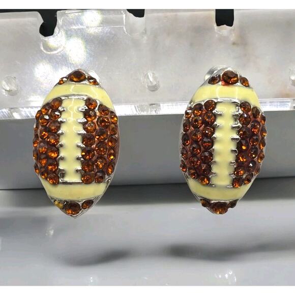 Unbranded Jewelry - Football Shaped Rhinestones Earrings Pierced Studs Silver Tone Setting READ
